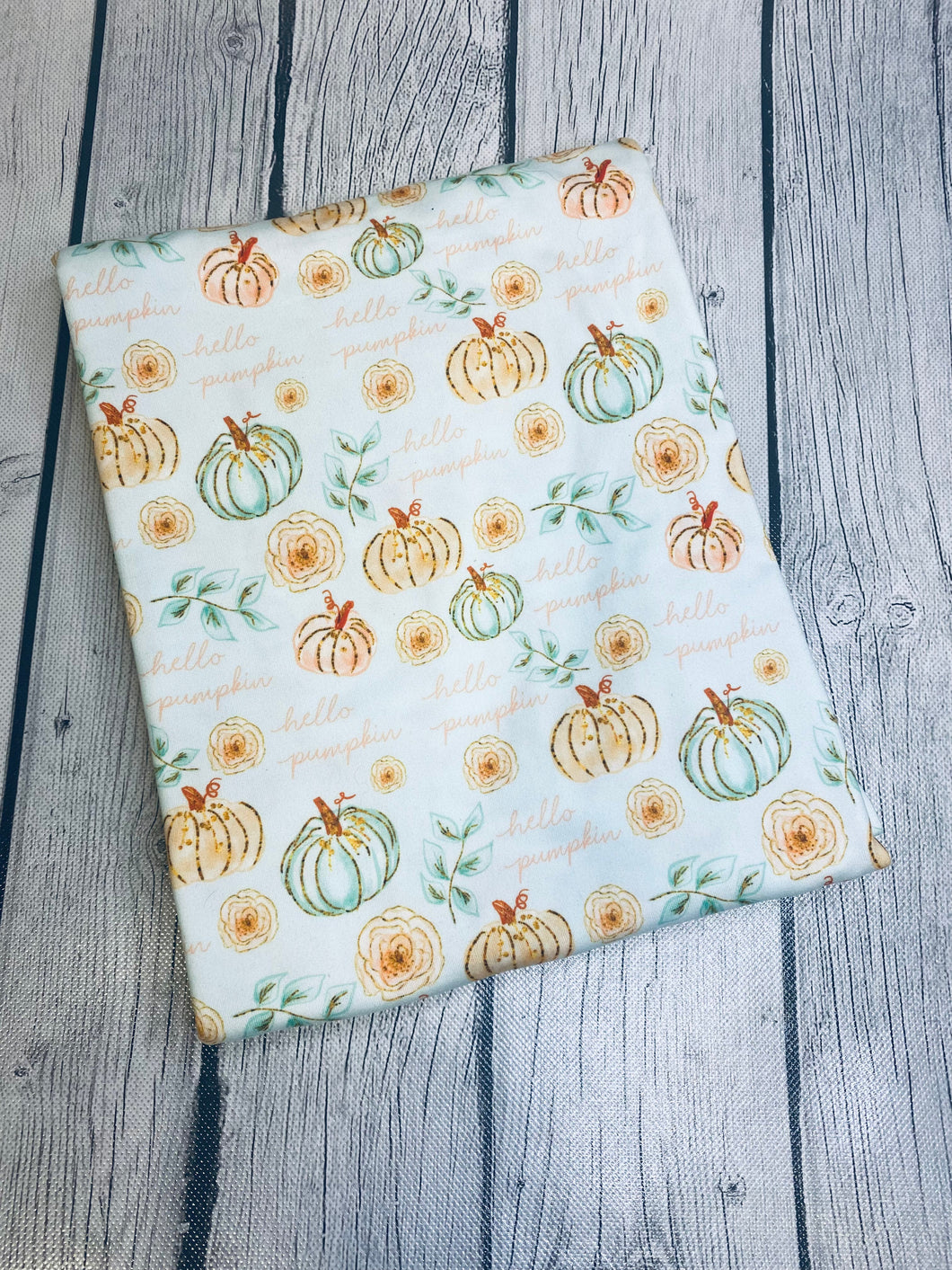 Ready to Ship DBP fabric Baby Blue Hello Pumpkin Fall Food Title makes great bows, head wraps, bummies, and more.