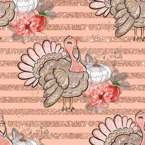 Pre-Order Striped Pink Turkey Thanksgiving Floral Shapes Bullet, DBP, Rib Knit, Cotton Lycra + other fabrics