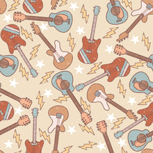 Load image into Gallery viewer, Pre-Order Bullet, DBP, Velvet and Rib Knit fabric Vintage Guitars Boy Print makes great bows, head wraps, bummies, and more.