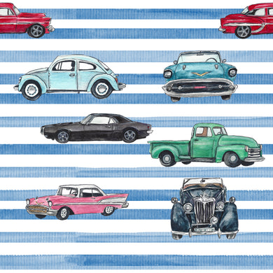 Pre-Order Blue Striped Classic Cars Boys Print Bullet, DBP, Rib Knit, Cotton Lycra + other fabrics