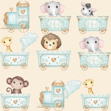 Load image into Gallery viewer, Pre-Order Cute Circus Train Animals Baby Print Bullet, DBP, Rib Knit, Cotton Lycra + other fabrics