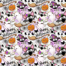 Load image into Gallery viewer, Pre-Order Bullet, DBP, Velvet and Rib Knit fabric Happy Halloween Friends w/Purple Animals Title makes great bows, head wraps, bummies, and more.