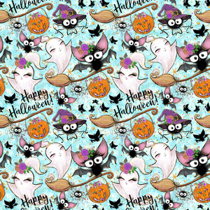 Pre-Order Bullet, DBP, Velvet and Rib Knit fabric Happy Halloween Friends w/Blue Animals Title makes great bows, head wraps, bummies, and more.
