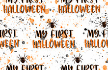 Load image into Gallery viewer, Pre-Order Bullet, DBP, Velvet and Rib Knit fabric My First Halloween Title Paint Splat makes great bows, head wraps, bummies, and more.