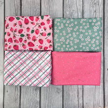 Load image into Gallery viewer, Pre-Order Bullet, DBP, Velvet and Rib Knit fabric Strawberry Fields Food Floral Shape Bundles makes great bows, head wraps, bummies, and more.