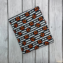 Load image into Gallery viewer, Pre-Order Bullet, DBP, Velvet and Rib Knit fabric Striped Halloween Pumpkins Spider Shapes makes great bows, head wraps, bummies, and more.