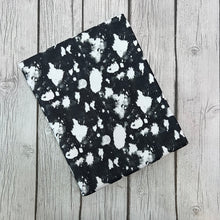 Load image into Gallery viewer, Pre-Order Bullet, DBP, Velvet and Rib Knit fabric Black and White Paint Splat makes great bows, head wraps, bummies, and more.