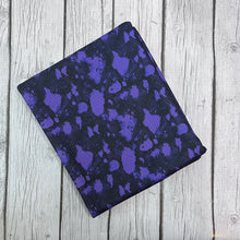 Load image into Gallery viewer, Pre-Order Bullet, DBP, Velvet and Rib Knit fabric Black and Purple Paint Splat makes great bows, head wraps, bummies, and more.