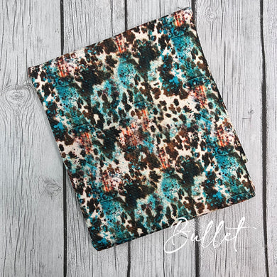 Pre-Order Western Teal Cowhide Animals Bullet, DBP, Rib Knit, Cotton Lycra + other fabrics
