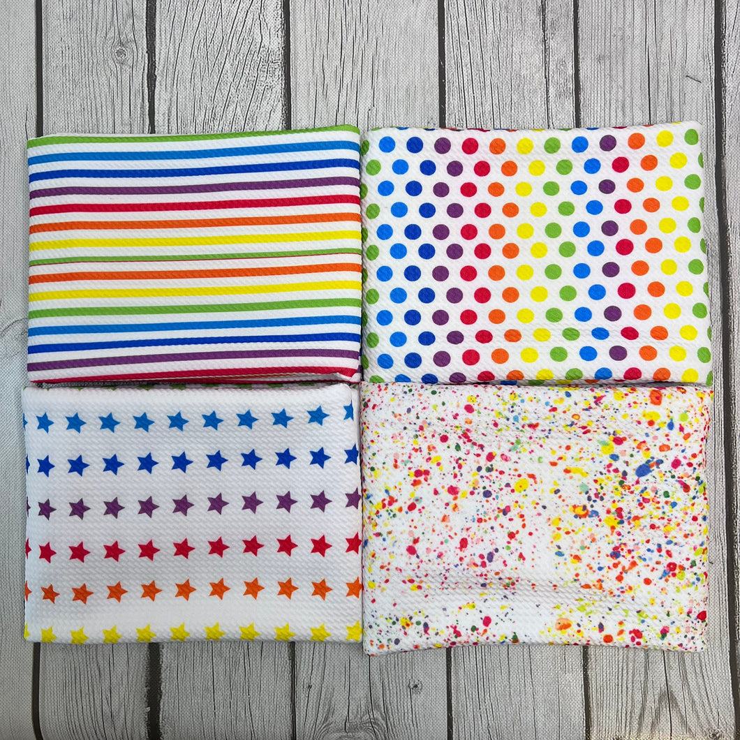 Ready to Ship Bullet fabric Rainbow Shapes Bundles makes great bows, head wraps, bummies, and more.