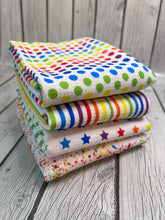 Load image into Gallery viewer, Ready to Ship Bullet fabric Rainbow Shapes Bundles makes great bows, head wraps, bummies, and more.