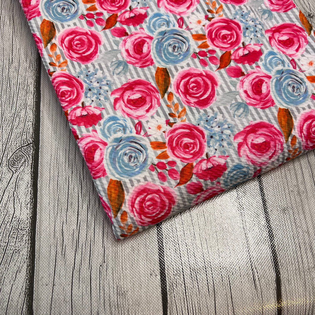 Ready to Ship Bullet fabric Striped Pink and Baby Blue Poppies Floral makes great bows, head wraps, bummies, and more.