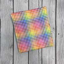 Load image into Gallery viewer, Ready to Ship Bullet Rainbow Plaid Shapes makes great bows, head wraps, bummies, and more.