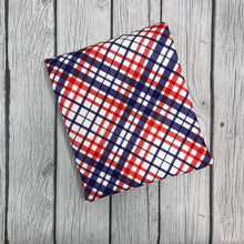 Load image into Gallery viewer, Ready to Ship Bullet Blue and Orange Plaid Shapes makes great bows, head wraps, bummies, and more.