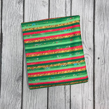 Load image into Gallery viewer, Ready to Ship Bullet knit fabric Christmas Stripes Red Green Gold Shapes makes great bows, head wraps,  bummies, and more.