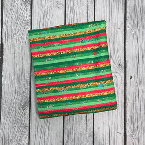 Ready to Ship Bullet knit fabric Christmas Stripes Red Green Gold Shapes makes great bows, head wraps,  bummies, and more.