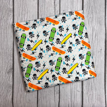 Load image into Gallery viewer, Pre-Order Bullet, DBP, Velvet and Rib Knit Skulls and Skateboards Boy Print makes great bows, head wraps, bummies, and more.