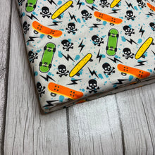 Load image into Gallery viewer, Ready to Ship DBP Skulls and Skateboards Boy Print makes great bows, head wraps, bummies, and more.