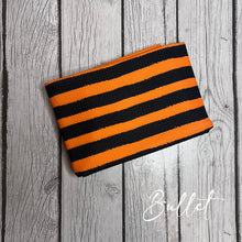 Load image into Gallery viewer, Pre-Order Bullet, DBP, Velvet and Rib Knit fabric Orange &amp; Black Stripes Halloween Shapes makes great bows, head wraps, bummies, and more.