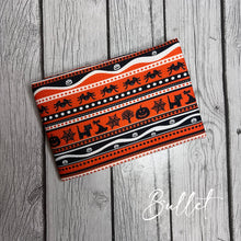 Load image into Gallery viewer, Pre-Order Bullet, DBP, Velvet and Rib Knit fabric Orange, White &amp; Black Halloween Scene Shapes makes great bows, head wraps, bummies, and more.