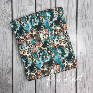 Pre-Order Western Teal Cowhide Animals Bullet, DBP, Rib Knit, Cotton Lycra + other fabrics