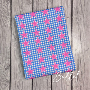 Pre-Order Pink Star Blue Gingham Shapes Bullet, DBP, Rib Knit, Cotton Lycra + other fabrics