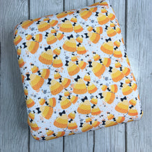 Load image into Gallery viewer, Ready To Ship Bullet knit fabric Candy Corn Halloween Food makes great bows, head wraps,  bummies, and more.