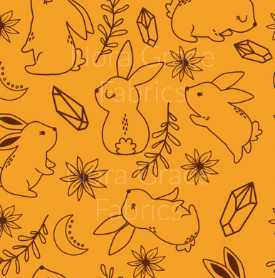 Pre-Order Mustard Boho Easter Bunny Floral Bullet, DBP, Rib Knit, Cotton Lycra + other fabrics