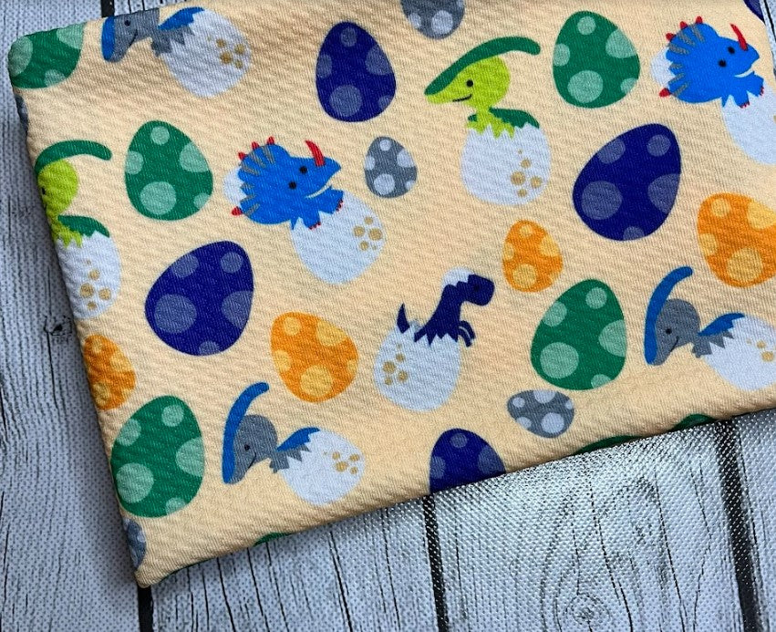 Pre-Order Yellow Cartoon Dinosaurs Animals Boy Prints Bullet, DBP, Rib Knit, Cotton Lycra + other fabrics