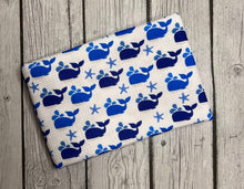 Load image into Gallery viewer, Ready to Ship Bullet Blue Whales boy print makes great bows, head wraps, bummies, and more.