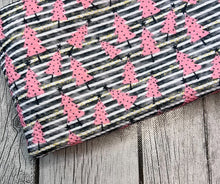 Load image into Gallery viewer, Pre-Order Striped Pink Christmas Trees Bullet, DBP, Rib Knit, Cotton Lycra + other fabrics