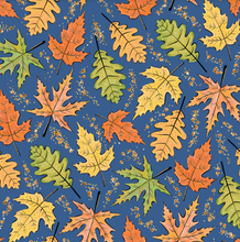 Load image into Gallery viewer, Pre-Order Blue Fall Leaves Bullet, DBP, Rib Knit, Cotton Lycra + other fabrics