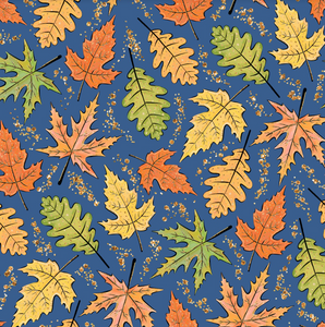 Pre-Order Blue Fall Leaves Bullet, DBP, Rib Knit, Cotton Lycra + other fabrics