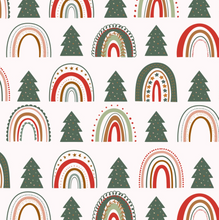 Load image into Gallery viewer, Pre-Order Bullet, DBP, Velvet and Rib Knit fabric Christmas Trees Rainbows Season makes great bows, head wraps, bummies, and more.