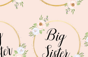 Pre-Order Bullet, DBP, Velvet, Rib Knit fabric Big Sister Pink Peonies Gold Title Floral makes great bows, head wraps, bummies, and more.
