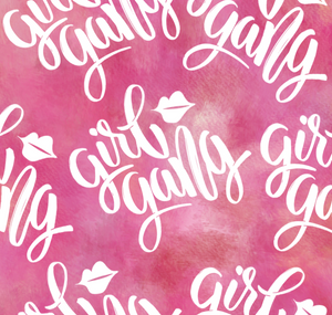 Pre-Order Bullet, DBP, Velvet and Rib Knit fabric Girl Gang Pink Title Paint Splat makes great bows, head wraps, bummies, and more.
