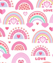 Load image into Gallery viewer, Pre-Order Bullet, DBP, Velvet and Rib Knit fabric Valentine Rainbows Seasons makes great bows, head wraps, bummies, and more.