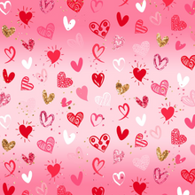 Load image into Gallery viewer, Pre-Order Bullet, DBP, Velvet and Rib Knit fabric Pink &amp; Red w/Faux Gold Valentine Hearts Shapes makes great bows, head wraps, bummies, and more.