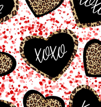 Load image into Gallery viewer, Pre-Order Bullet, DBP, Velvet and Rib Knit fabric XOXO Cheetah Valentine Shapes Paint Splat makes great bows, head wraps, bummies, and more.