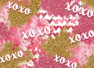 Pre-Order Bullet, DBP, Velvet, Rib Knit fabric XOXO Gold Pink Paint Splat Valentine Heart Shapes makes great bows, head wraps, bummies