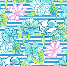 Load image into Gallery viewer, Pre-Order Bullet, DBP, Velvet and Rib Knit fabric Blue and White Striped Summer Floral  makes great bows, head wraps, bummies, and more.