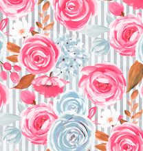 Load image into Gallery viewer, Ready to Ship Bullet fabric Striped Pink and Baby Blue Poppies Floral makes great bows, head wraps, bummies, and more.