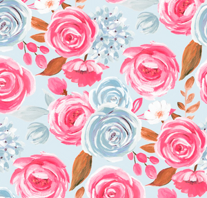 Pre-Order Bullet, DBP, Velvet and Rib Knit fabric Pink and Baby Blue Poppies Floral makes great bows, head wraps, bummies, and more.