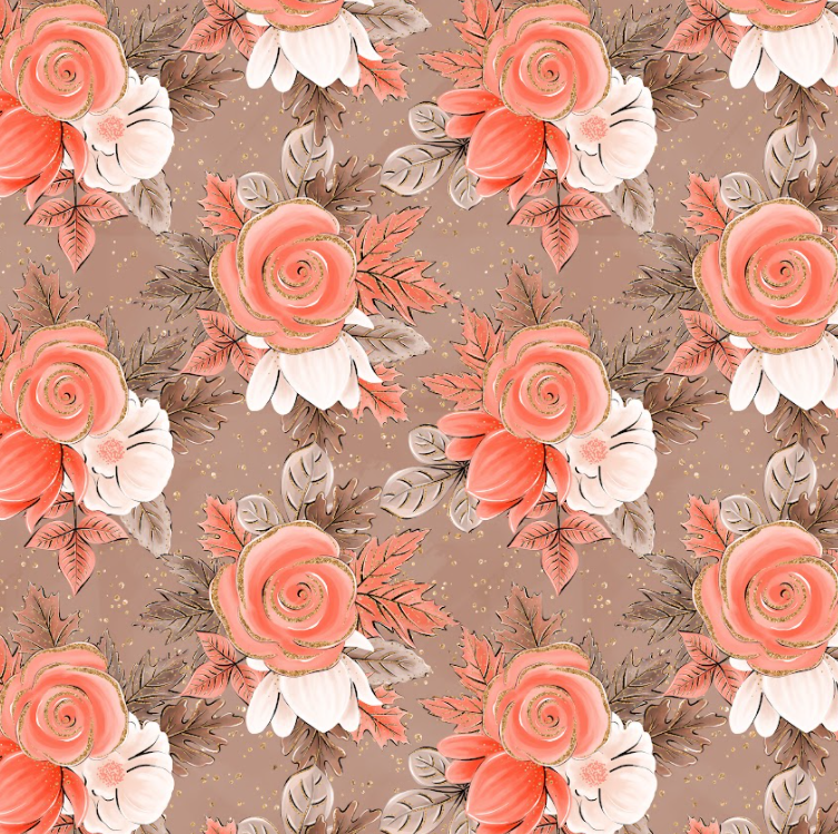 Pre-Order Fall Tan and Orange Roses Floral Bullet, DBP, Rib Knit, Cotton Lycra + other fabrics