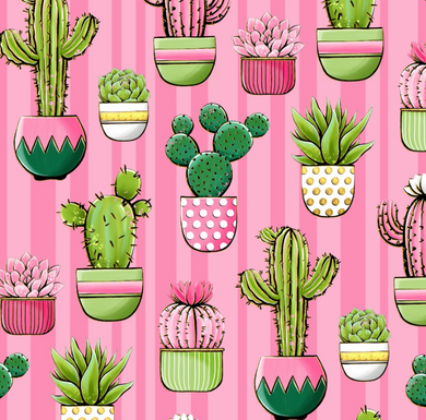 Pre-Order Bullet, DBP, Velvet and Rib Knit fabric Pink Striped Cactus and Succulents Floral makes great bows, head wraps, bummies, and more.