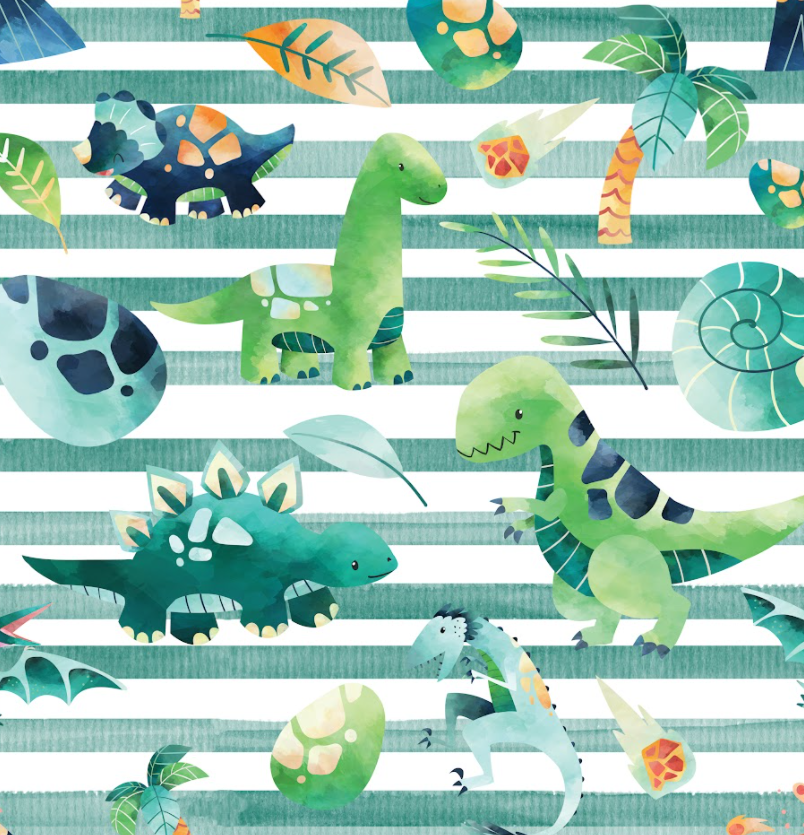 Pre-Order Striped Green Dino Animals Shapes Bullet, DBP, Rib Knit, Cotton Lycra + other fabrics