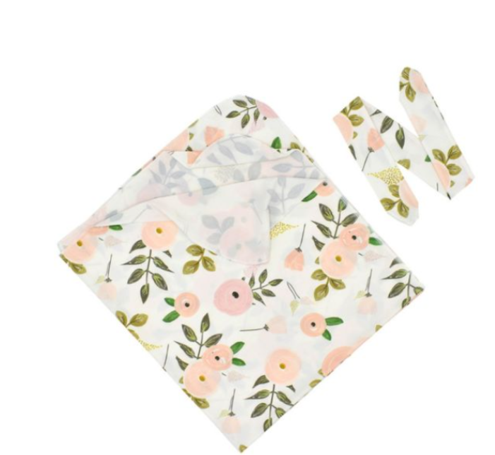 2-Piece Receiving Blanket White w/Light Pink Flowers