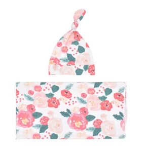 2-Piece Receiving Blanket White w/Hot Pink Flowers