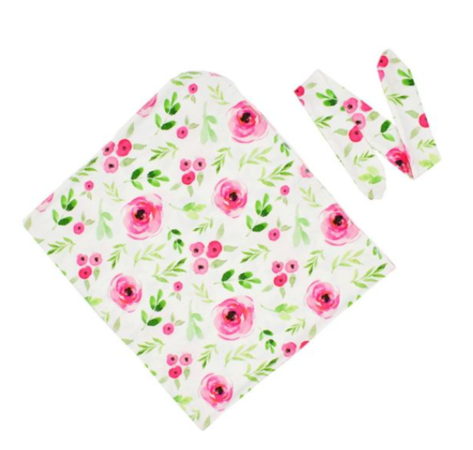 2-Piece Receiving Blanket White w/Pink Flowers