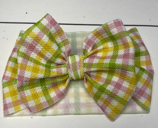 Yellow, Pink and Green Plaid Headwraps, Clips, Nylon, Top Knot and Piggies